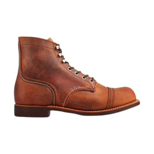 Brown leather lace-up boot with moc toe, stitched details, and a low heel, shown in side profile