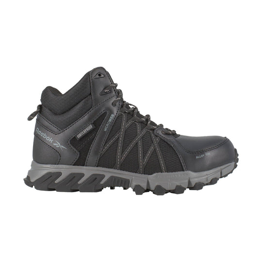 Black mid-top work boot with mesh panels, lace-up front, gray sole, and visible Reebok branding