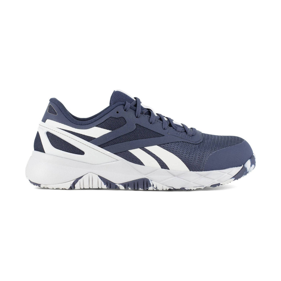 Navy athletic work shoe with white side overlays and a thick white sole