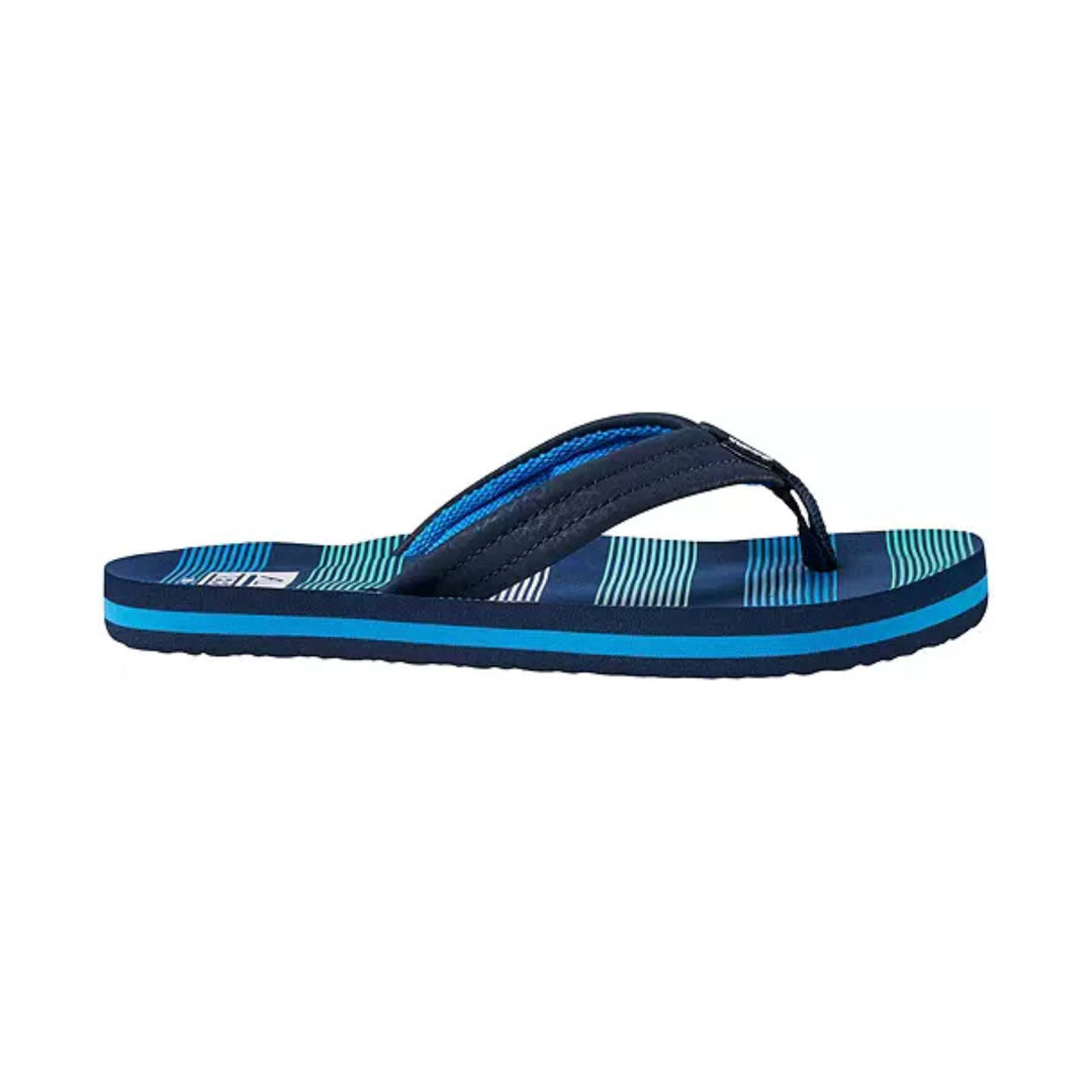 Navy and blue striped flip-flop sandal with a thick cushioned sole