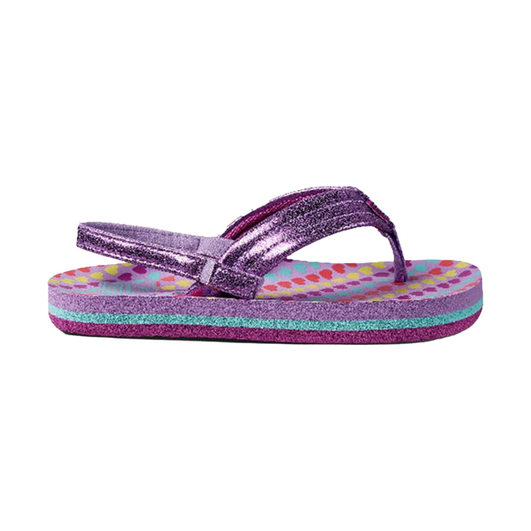 Purple glitter flip-flop sandal with a heart-patterned footbed