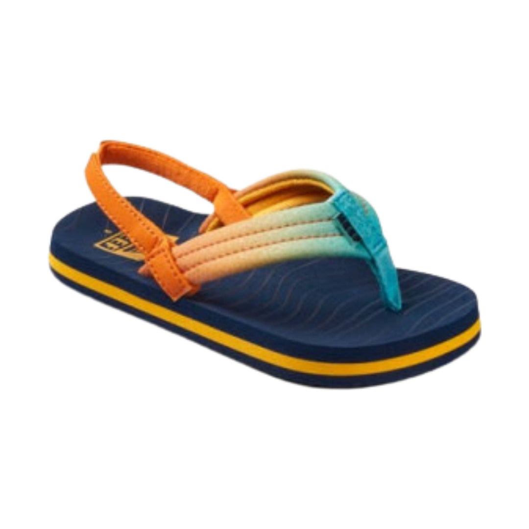 Navy flip-flop with orange, cream, and teal straps