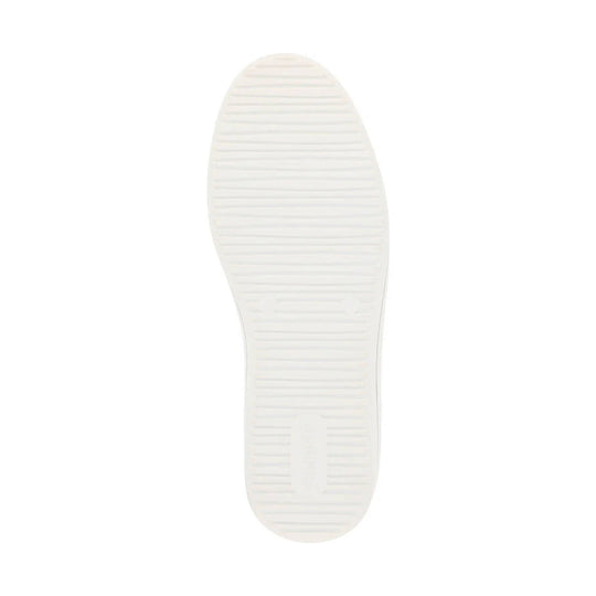 White shoe outsole with fine horizontal tread and a heel stability insert