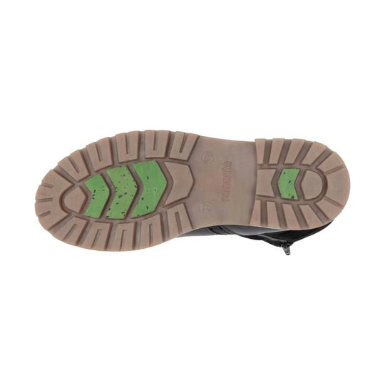 Tan rubber boot sole with green tread inserts and "remonte" embossed in the center