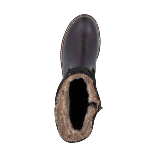 Black mid-calf boot with faux-fur lining and round toe, viewed from above