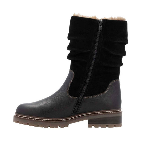 Black mid-calf boot with suede shaft, side zipper, ruched top, and rugged tread sole