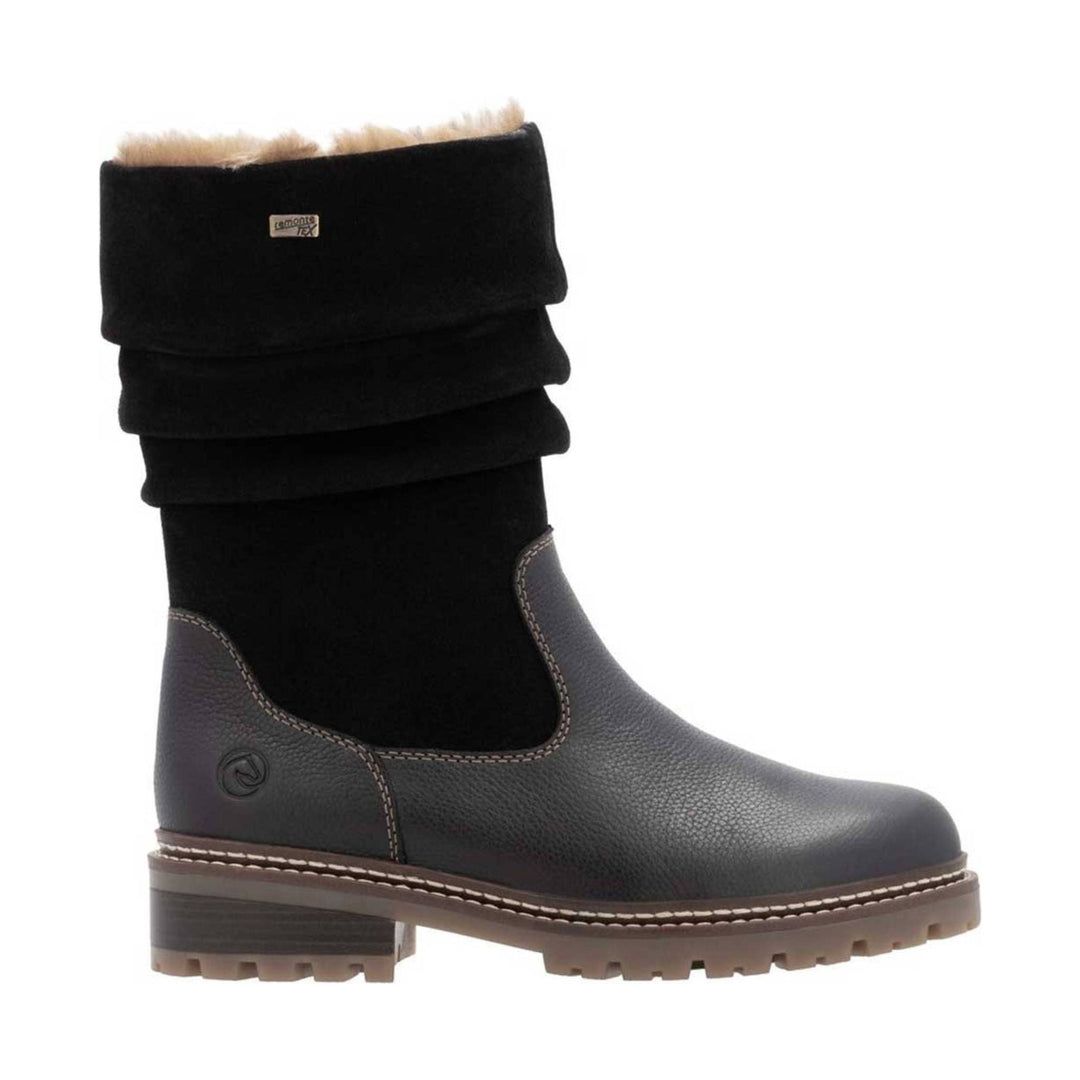 Black mid-calf winter boot with folded faux-fur cuff and lug sole
