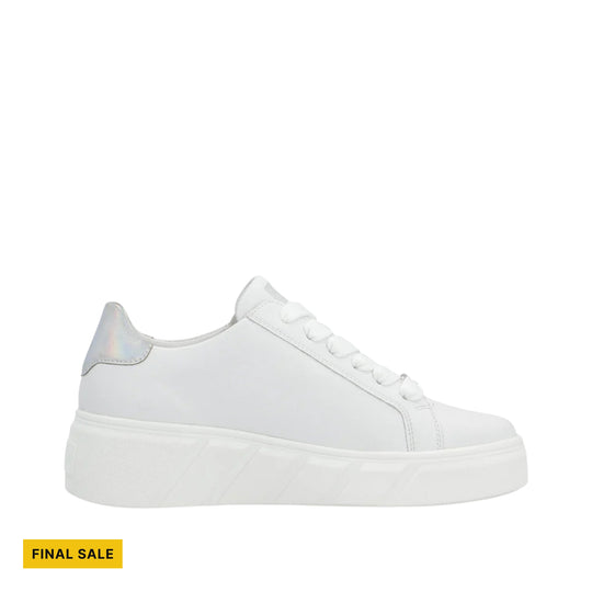 White platform sneaker with iridescent heel tab and visible laces, shown in side view