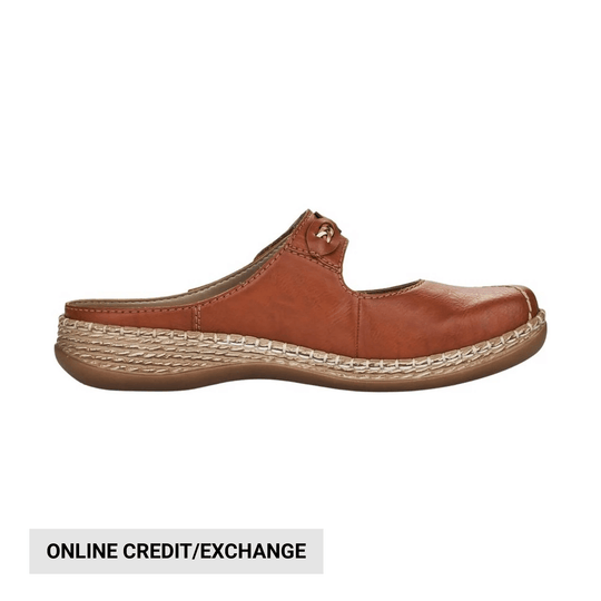 Brown leather slip-on clog with a woven sole and visible credit/exchange label