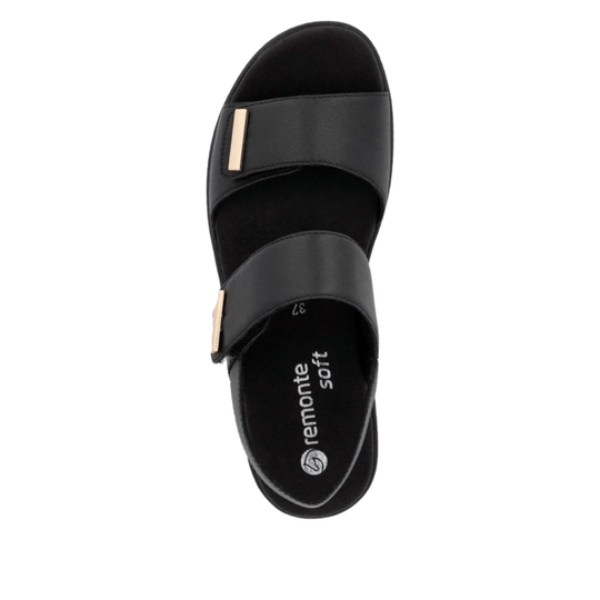 Black open-toe sandal with two wide straps and gold side hardware