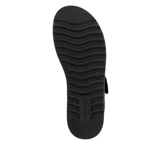 Black sandal outsole with wavy tread and embossed remonte logo