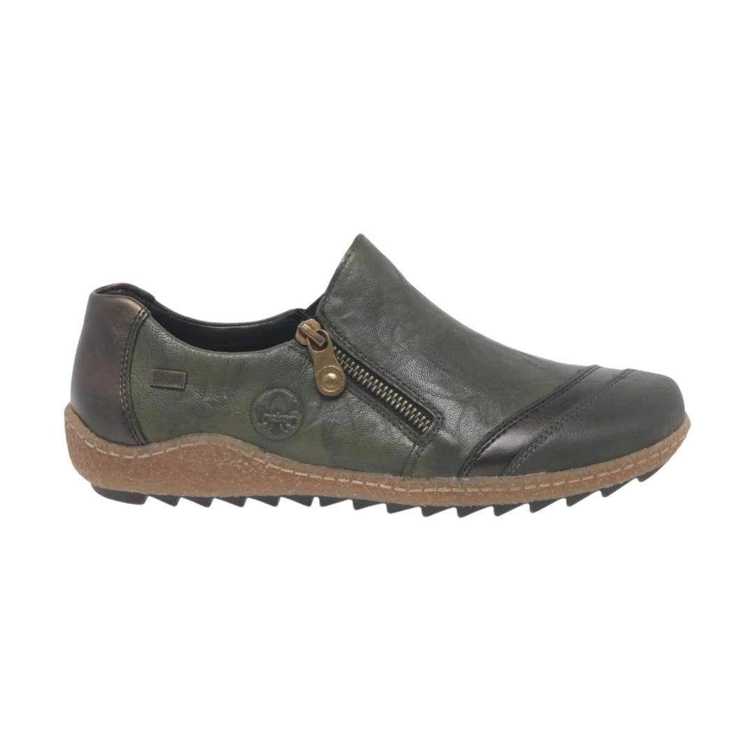 Olive green leather slip-on shoe with side zipper and brown textured sole