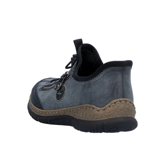 Blue-gray low-top hiking shoe with black trim, bungee laces, and a chunky tan-and-black sole