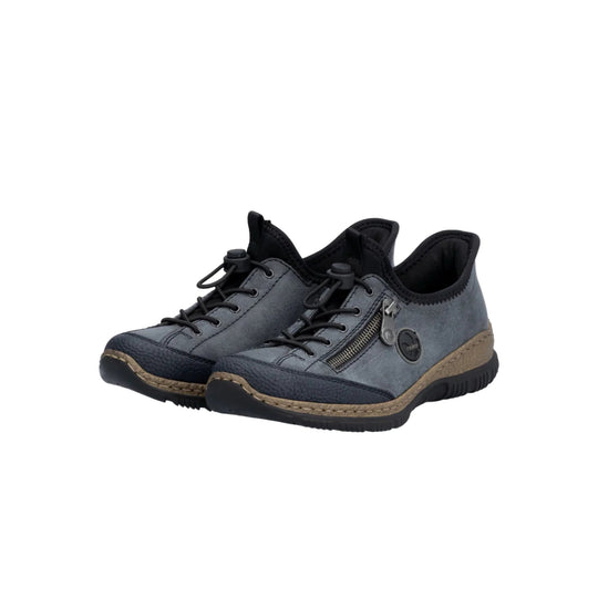 Gray-and-black lace-up sneakers with side zippers and round side logo
