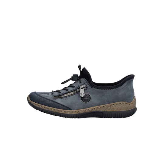 Gray and black lace-up sneaker with side zipper, pull tab, and tan textured midsole