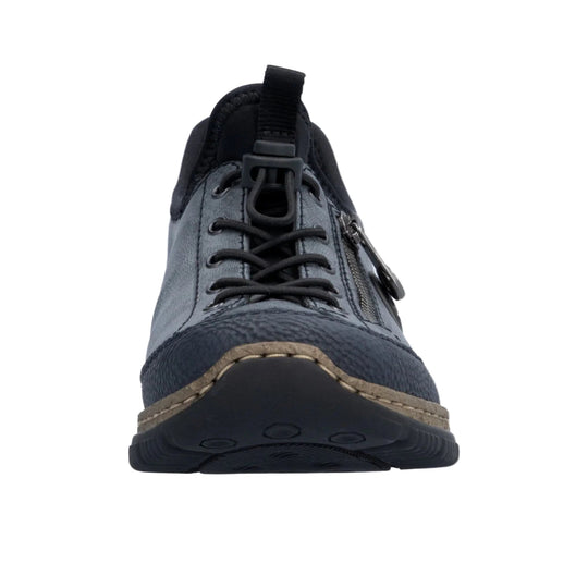 Gray and black lace-up sneaker with a side zipper and rugged sole, shown from the front