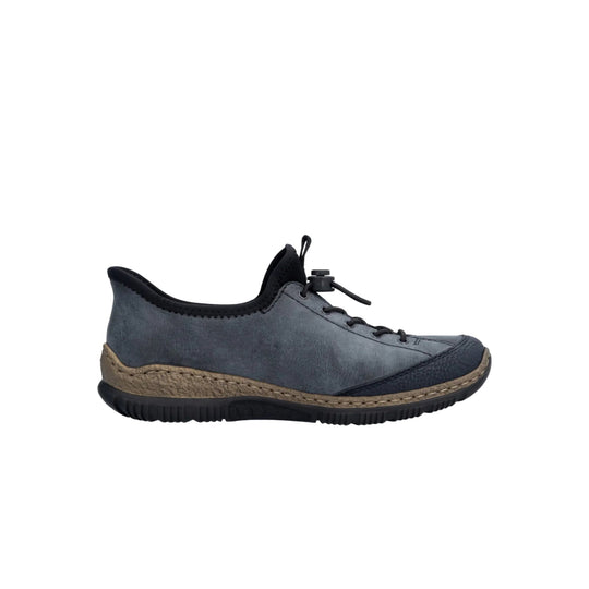 Gray low-top shoe with black trim, elastic laces, and a tan textured midsole