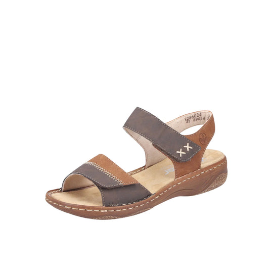 Brown and tan wedge sandal with stitched straps and two hook-and-loop closures