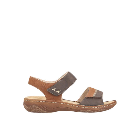 Brown and gray open-toe sandal with ankle strap and stitched platform sole