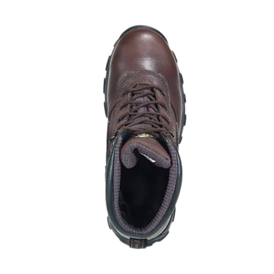 Brown leather lace-up work boot with padded collar and black lug sole, top view