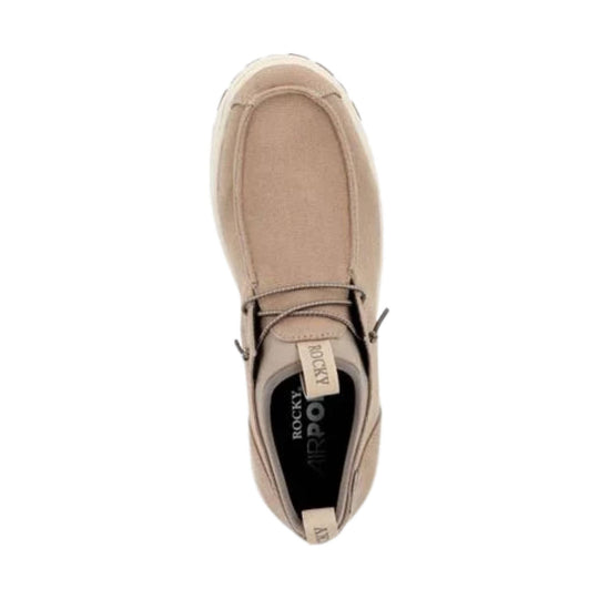 Beige slip-on loafer with bungee lacing and pull tabs, top view
