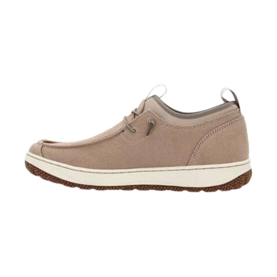 Taupe low-top moc shoe with bungee laces, pull tabs, and a white midsole