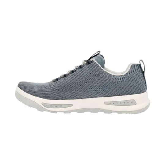 Gray knit athletic shoe with white sole and black heel pull tab