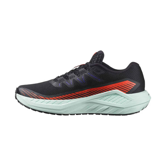 Black running shoe with orange side stripe and light mint midsole, shown in profile