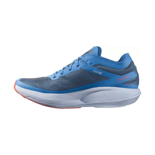 Blue and gray running shoe with white cushioned midsole and red outsole accents