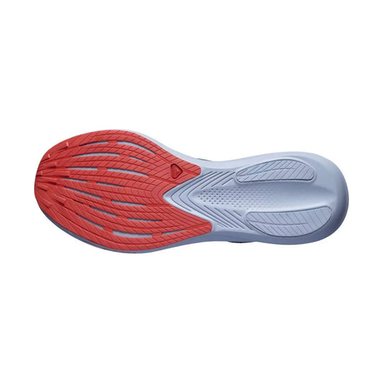 Red and light gray running shoe outsole with textured tread and blue-gray heel and forefoot pads