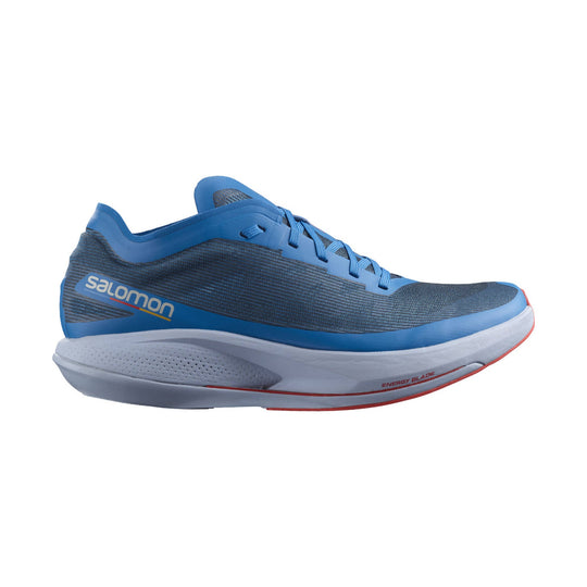 Blue and gray running shoe with light blue laces and red accents, side view