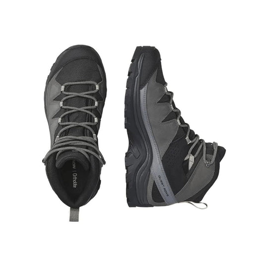 Black and gray mid-top hiking boots with bungee laces and lugged soles, shown top and side view