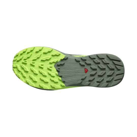 Trail running shoe outsole with lime green and gray tread