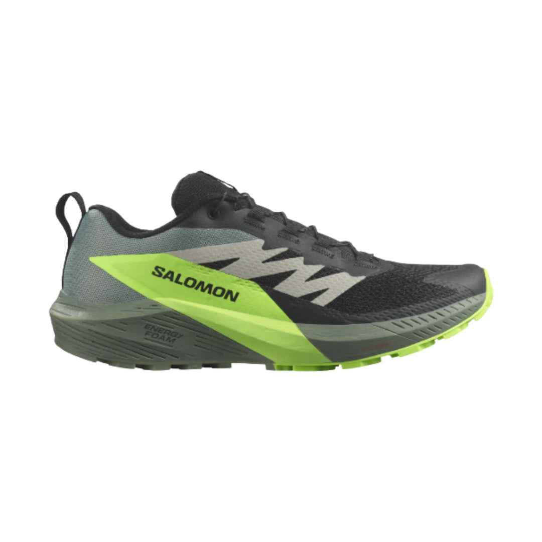 Black and gray trail running shoe with neon yellow-green side panel and sole, shown in profile