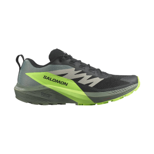 Black and gray trail running shoe with neon yellow-green side panel and sole, shown in profile