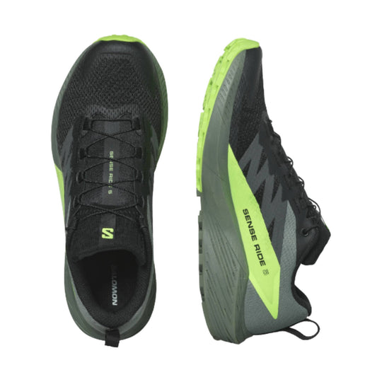 Black and gray trail running shoe with neon green accents, shown top and side views