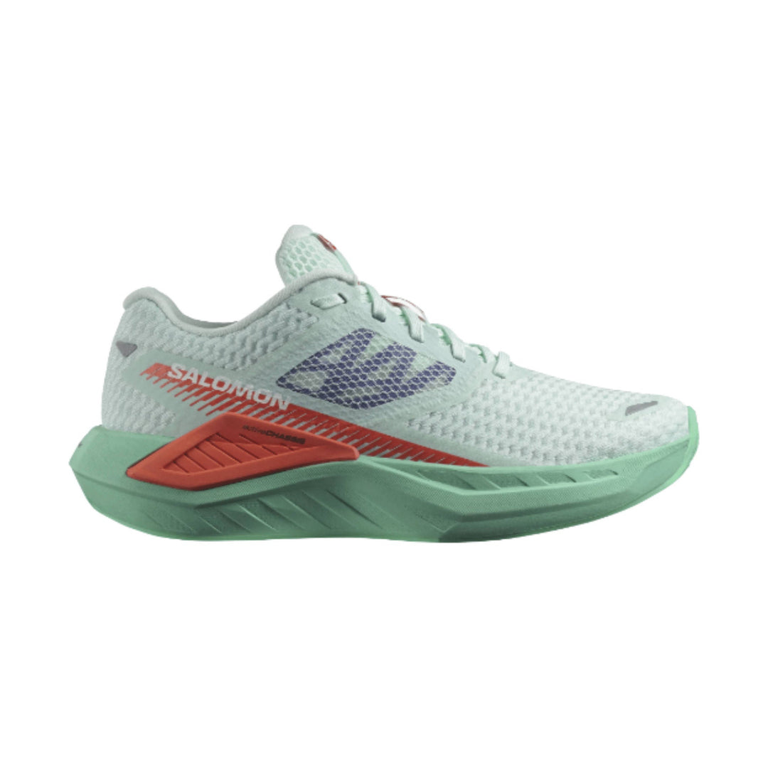 Mint green running shoe with coral midsole support and purple side accents, shown in side view.