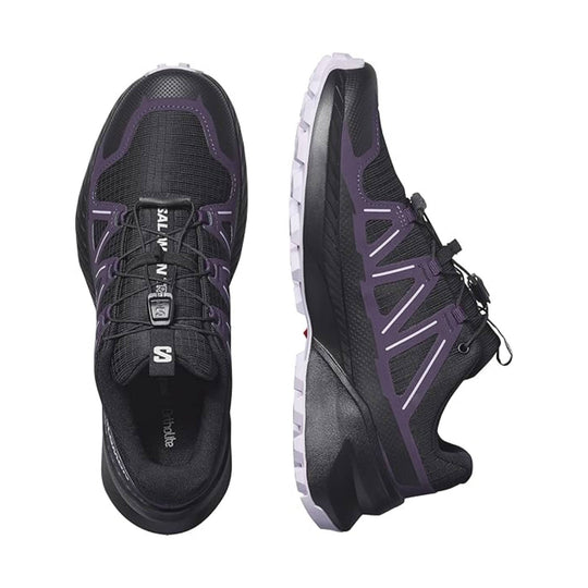 Pair of black hiking shoes with purple overlays, white outsoles, and bungee laces, shown top and side views