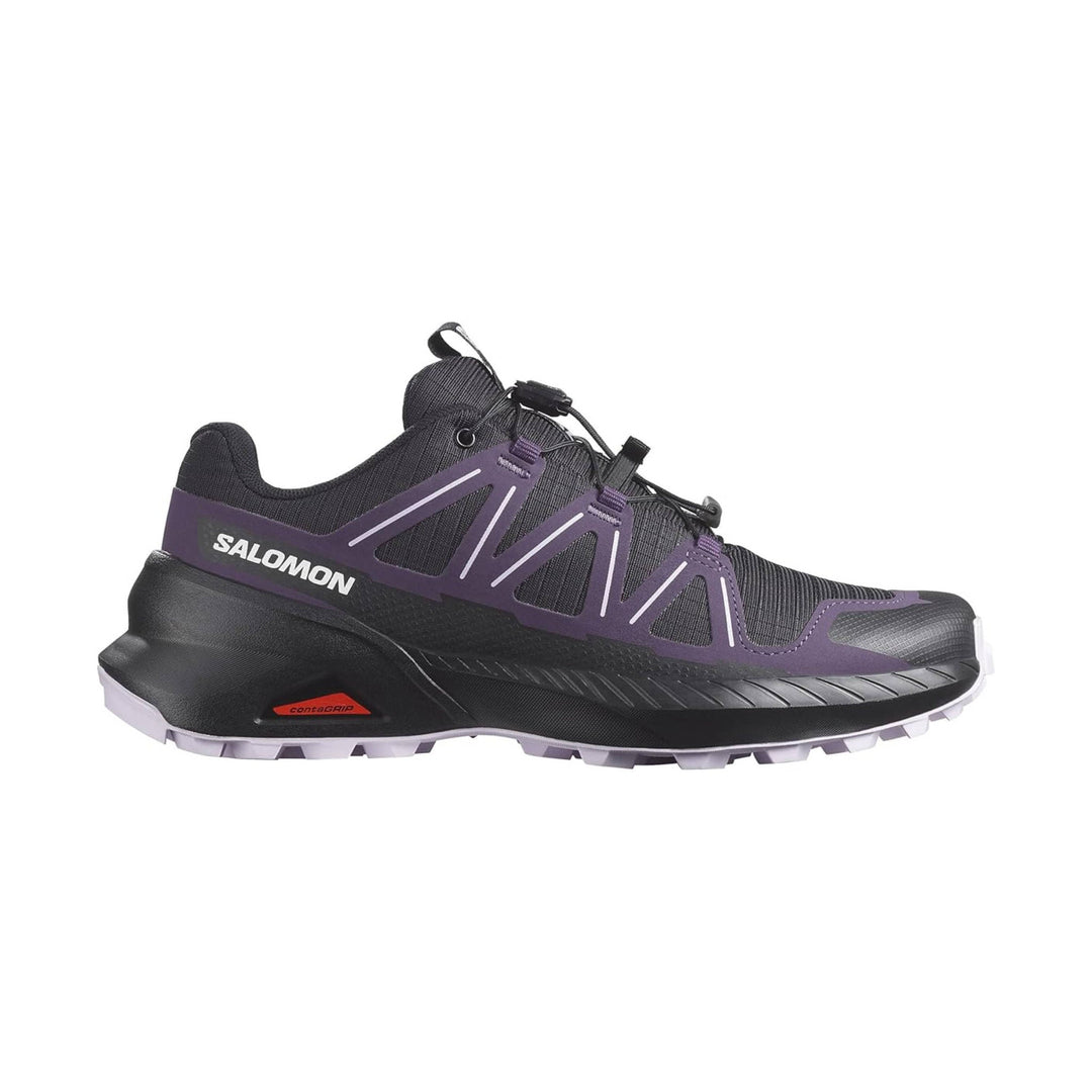Black hiking shoe with purple side overlays, bungee laces, and Salomon branding
