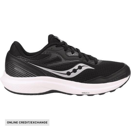 Black running shoe with white midsole and side logo, shown in profile