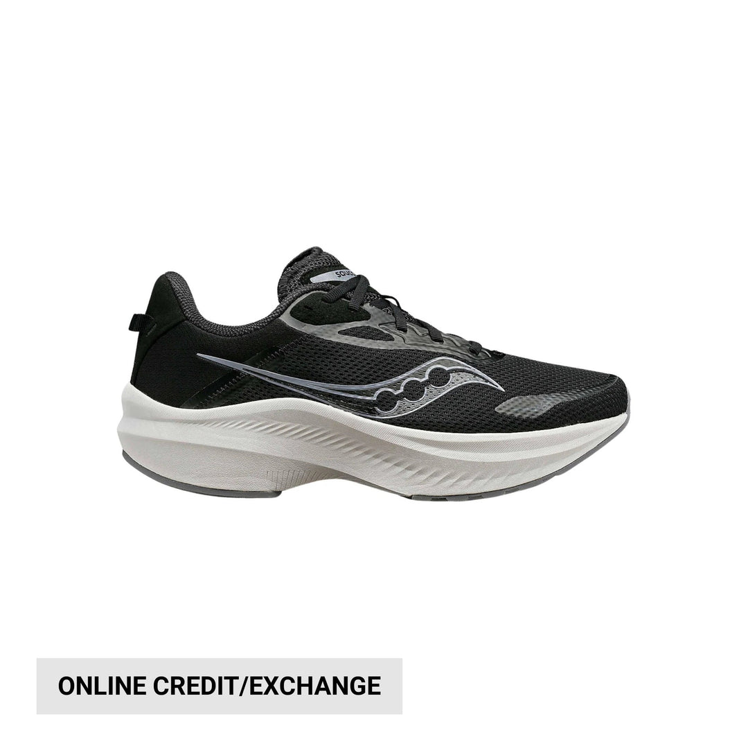 Black and gray running shoe with thick white midsole and side logo