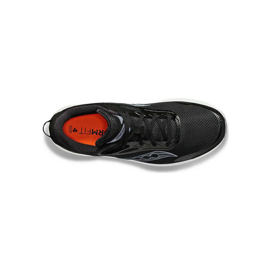 Black running shoe with an orange insole, laced upper, and side logo, shown from above.