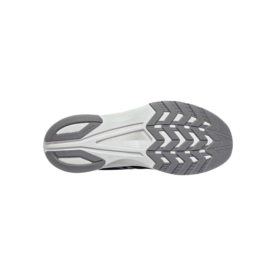 Gray and white running shoe outsole with segmented tread and heel pods
