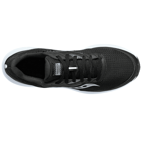 Black running shoe with white sole, lace-up upper, and mesh toe box, shown from above.