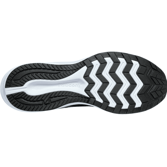 Black and white shoe outsole with zigzag tread and embossed Saucony logo