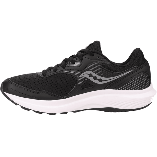 Black running shoe with white cushioned sole and gray side logo, shown in side profile