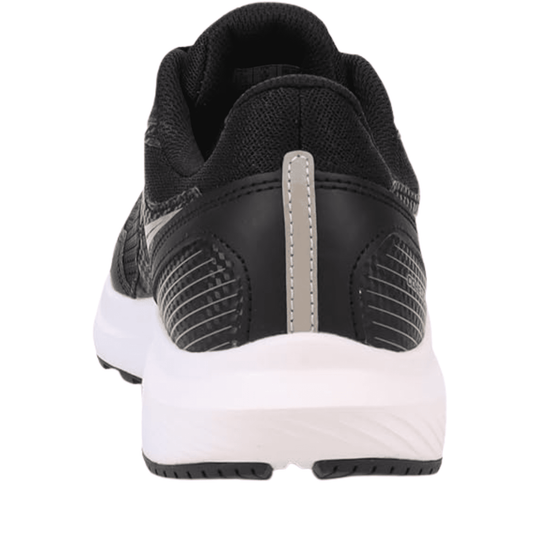 Black athletic running shoe with a white midsole, rear heel view
