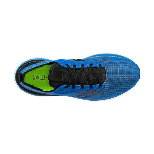Blue and black running shoe with black laces, lime green insole, and white sole, shown from above