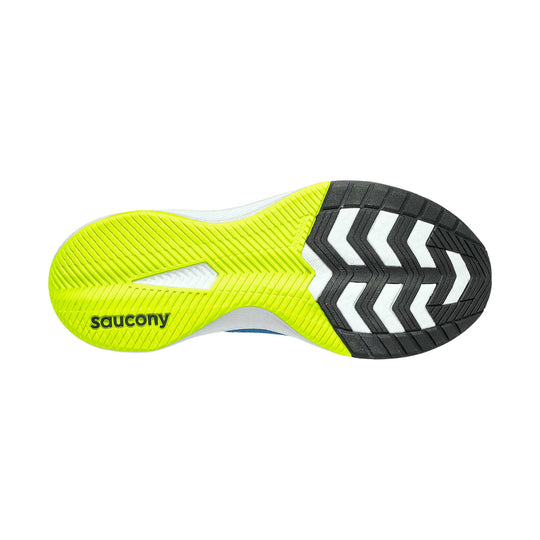 Neon yellow and black shoe outsole with zigzag tread and Saucony logo