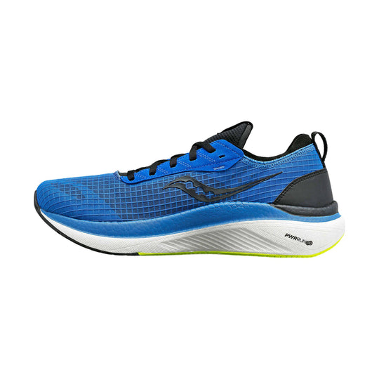 Blue running shoe with black laces, black heel support, and white midsole with lime accent